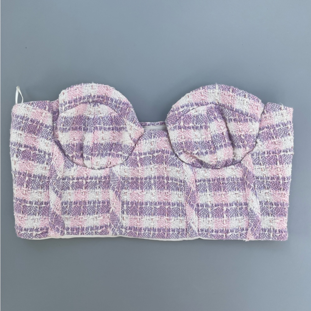 Zara Plaid Tweed Bustier Corset Top Pink Purple Small Crop Strapless